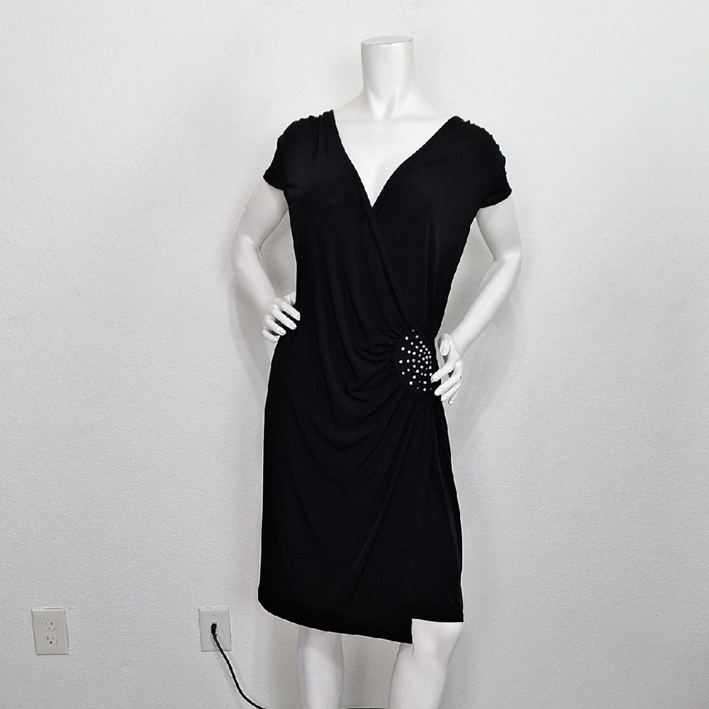 AA Studio Black Romantic Whimsigoth Short Sleeve Faux Wrap Midi Dress Size 12